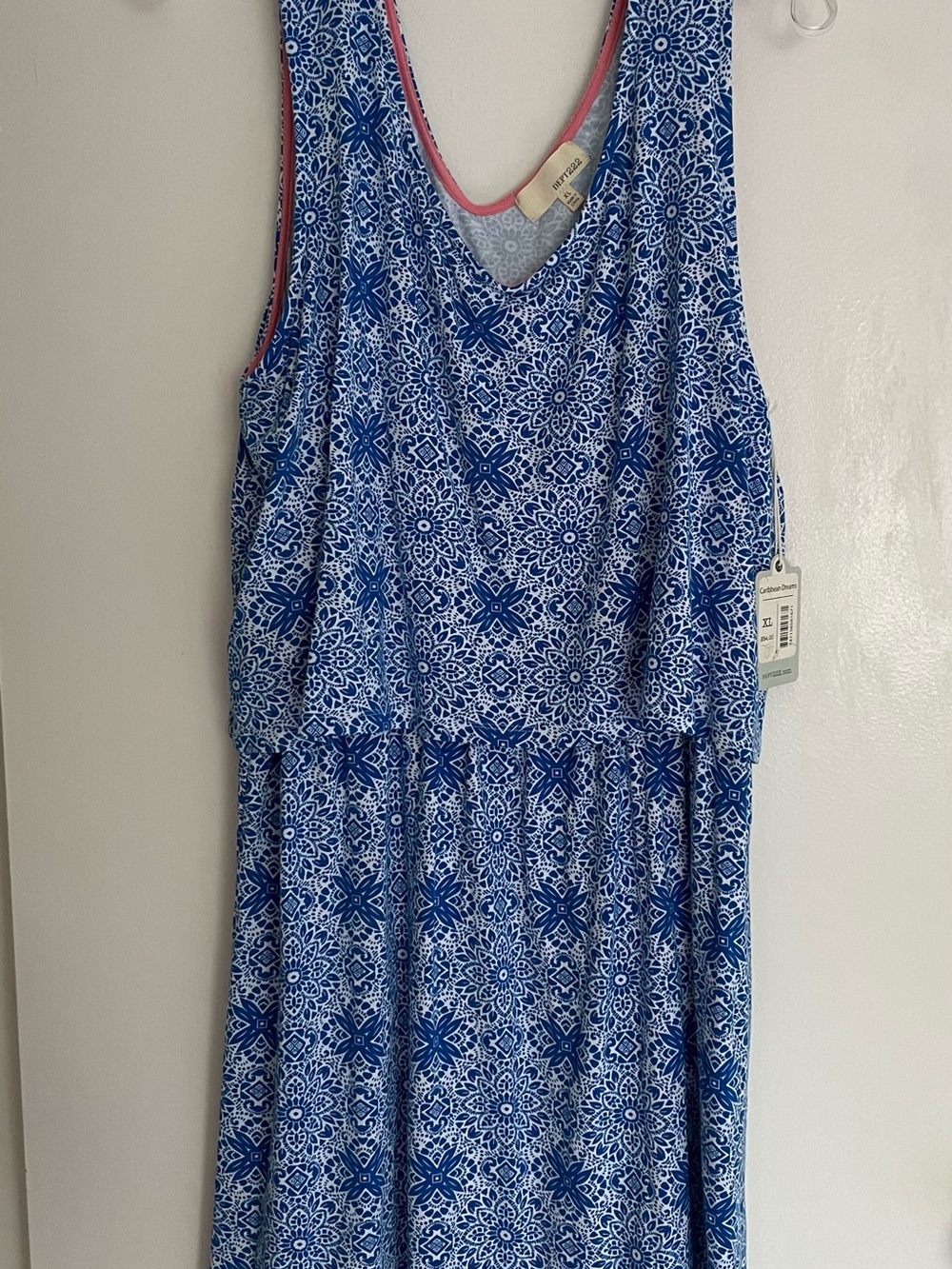NWT Dept 222 “Caribbean Dreams” Blue and White Floral Print Midi dress -xl